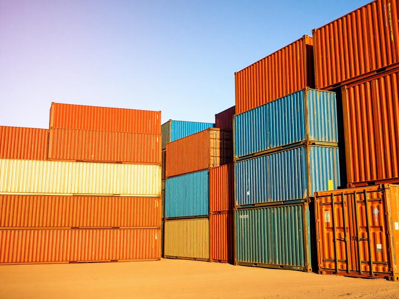 Shipping containers stacked under desert sky